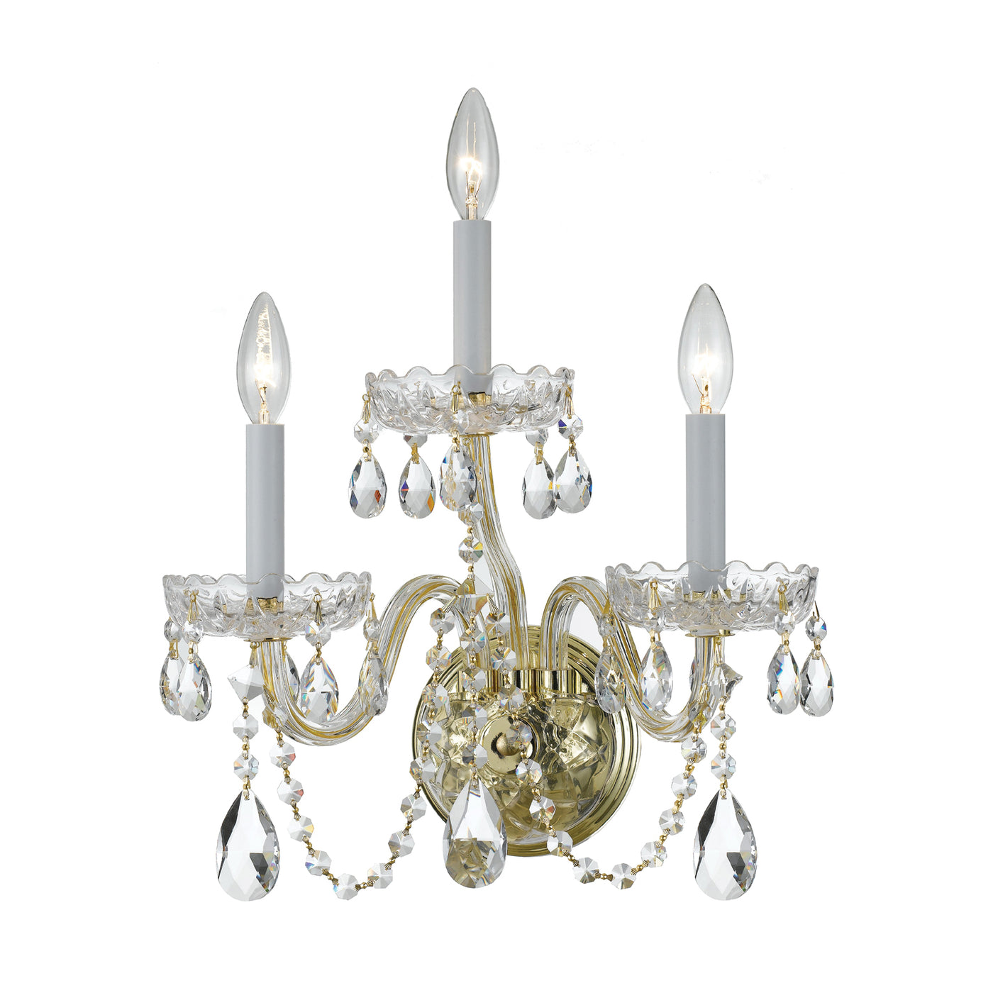 Traditional Crystal 3 Light Hand Cut Crystal Polished Brass Sconce Wall Sconce Crystorama