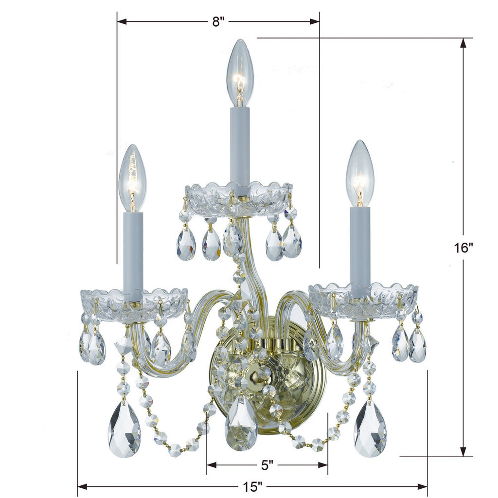 Traditional Crystal 3 Light Hand Cut Crystal Polished Brass Sconce Wall Sconce Crystorama