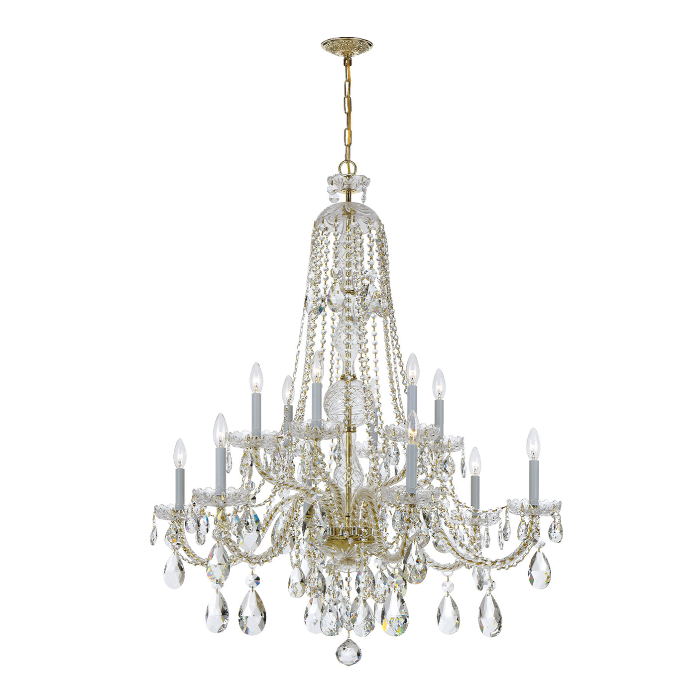 Traditional Crystal 12 Light Hand Cut Crystal Polished Brass Chandelier Chandelier Crystorama