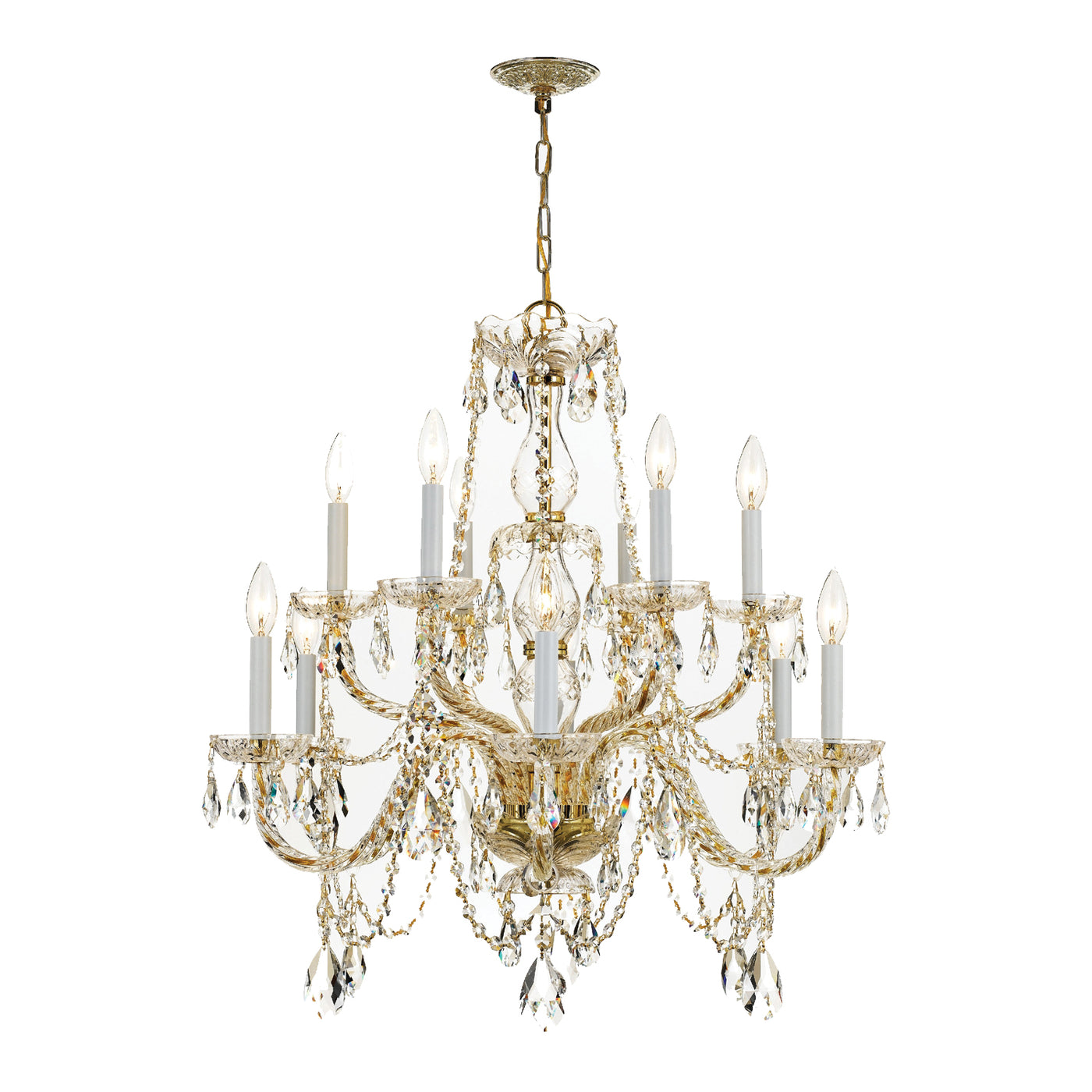 Traditional Crystal 12 Light Clear Italian Crystal Historic Polished Brass Chandelier Chandelier Crystorama