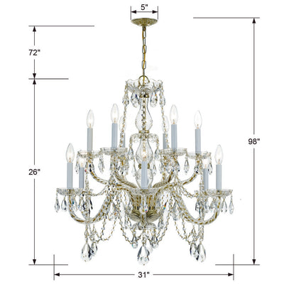 Traditional Crystal 12 Light Clear Italian Crystal Historic Polished Brass Chandelier Chandelier Crystorama