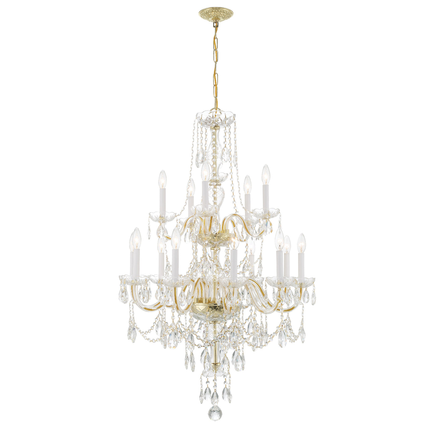 Traditional Crystal 15 Light Hand Cut Crystal Polished Brass Chandelier Chandelier Crystorama