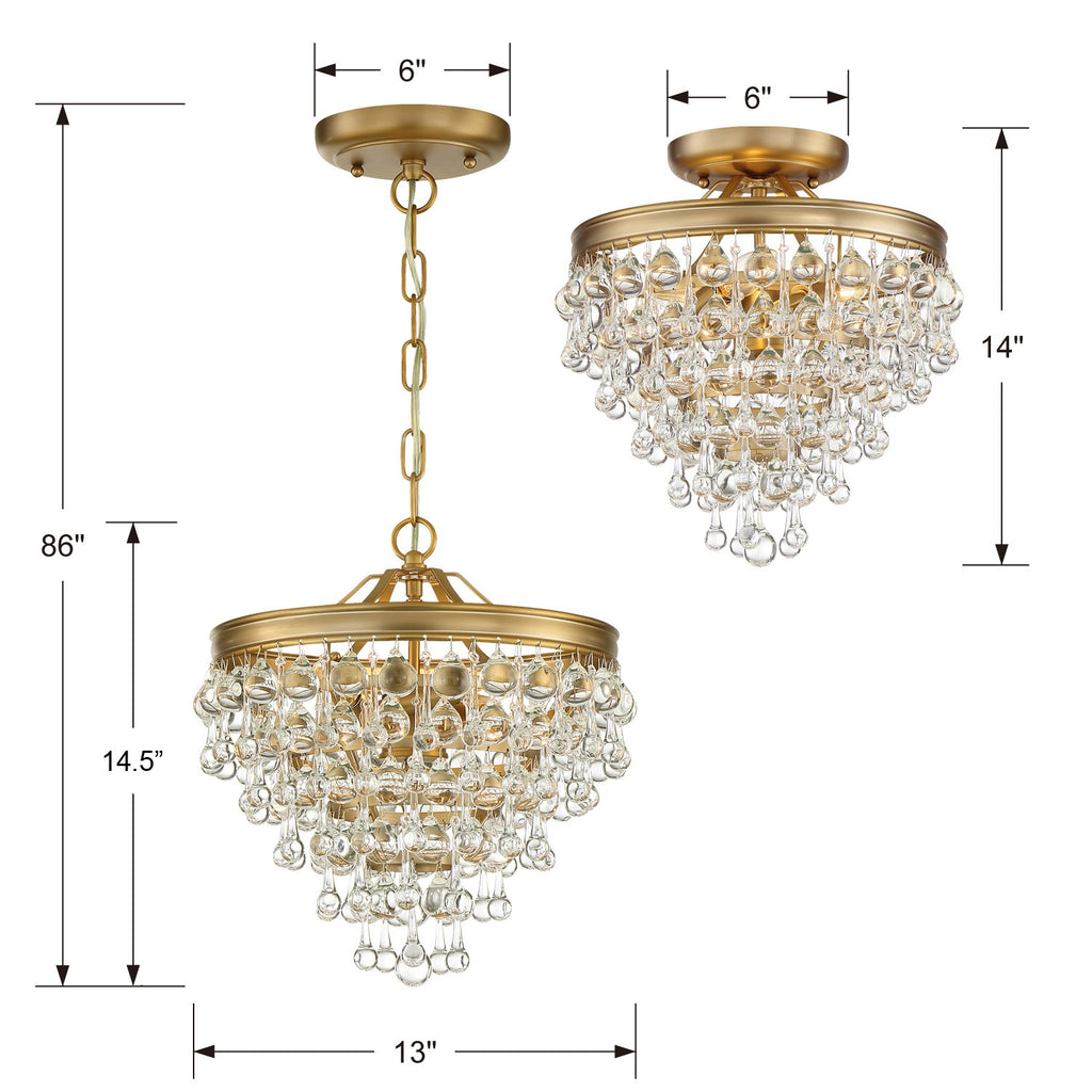 Calypso 3 Light Crystal Teardrop Vibrant Gold Semi Flush Mount Semi Flush Crystorama