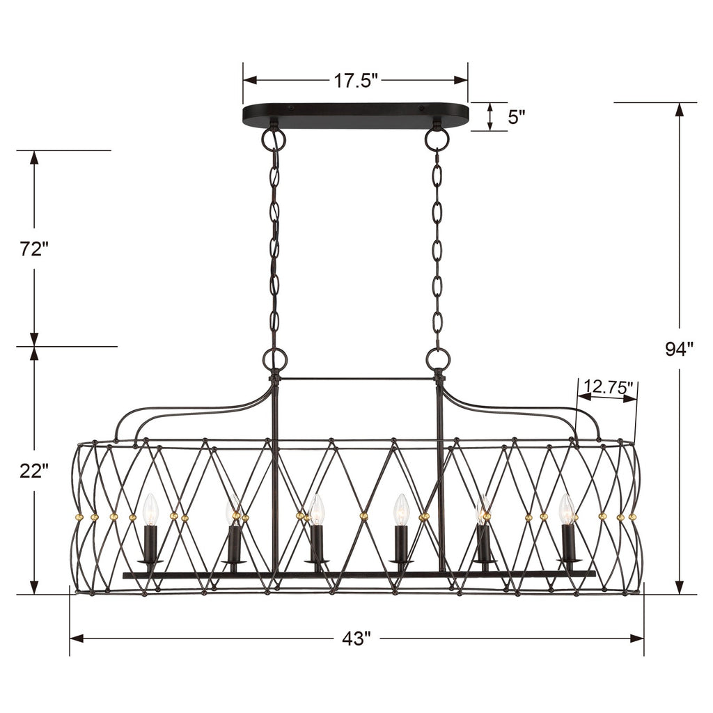 Zucca 6 Light English Bronze + Antique Gold Linear Chandelier Chandelier Crystorama