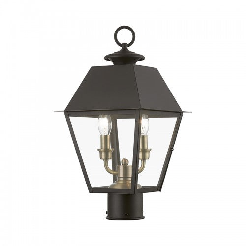 2 Light Bronze with Antique Brass Finish Cluster Outdoor Medium Post Top Lantern