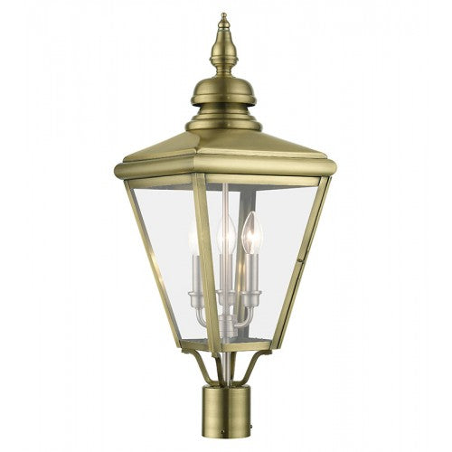 3 Light Antique Brass Outdoor Large Post Top Lantern with Brushed Nickel Finish Cluster Post Livex