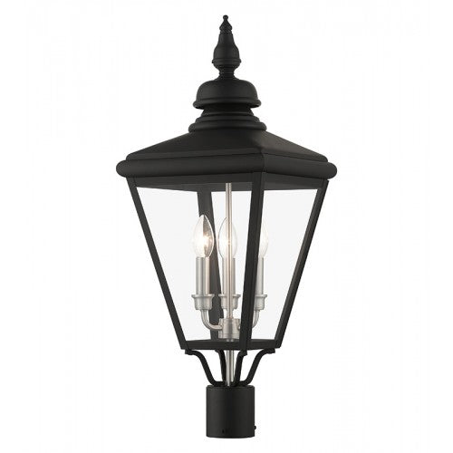 3 Light Black Outdoor Large Post Top Lantern with Brushed Nickel Finish Cluster Post Livex