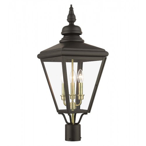 3 Light Bronze Outdoor Large Post Top Lantern with Antique Brass Finish Cluster Post Livex