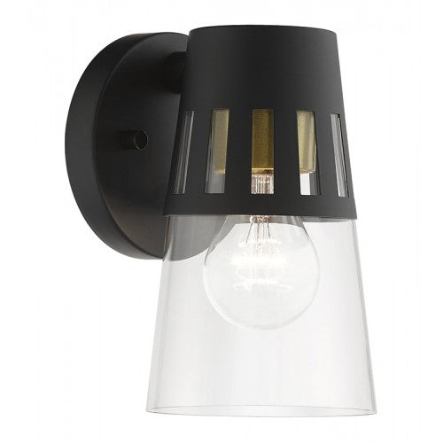 1 Light Black Outdoor Small Wall Lantern with Soft Gold Finish Accents Exterior Livex