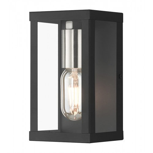 1 Light Black Outdoor ADA Small Wall Lantern with Brushed Nickel Finish Accents Exterior Livex