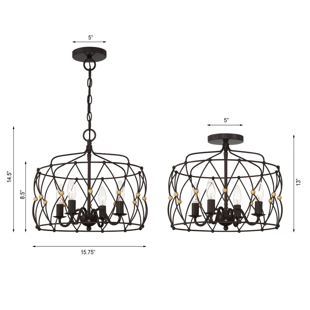 Zucca 4 Light English Bronze + Antique Gold Semi Flush Mount Semi Flush Crystorama