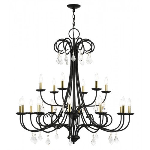 18 Light Black Extra Large Chandelier with Antique Brass Finish Accents and Clear Crystals Chandelier Livex