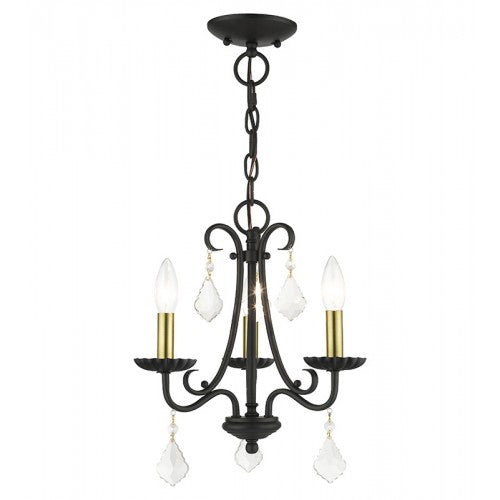 3 Light Black Mini Chandelier with Antique Brass Finish Accents and Clear Crystals Chandelier Livex