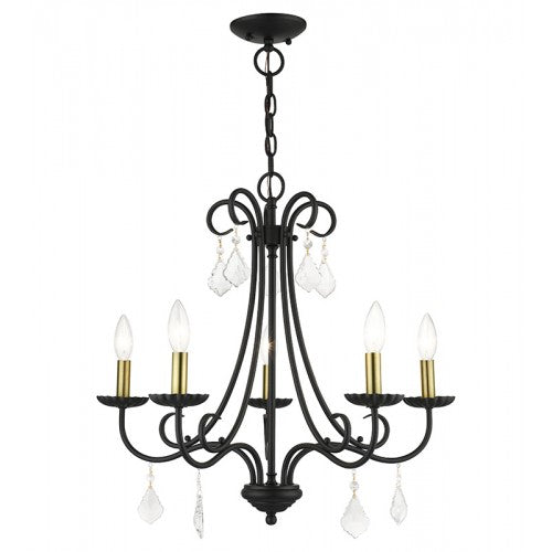 5 Light Black Chandelier with Antique Brass Finish Accents and Clear Crystals Chandelier Livex