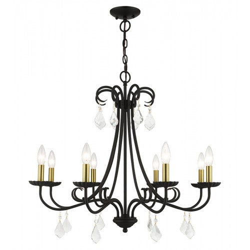 8 Light Black Large Chandelier with Antique Brass Finish Accents and Clear Crystals Chandelier Livex