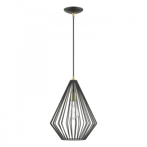 1 Light Textured Black with Antique Brass Accents Pendant Pendant Livex