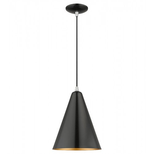 1 Light Shiny Black Cone Pendant with Polished Chrome Accents Pendant Livex