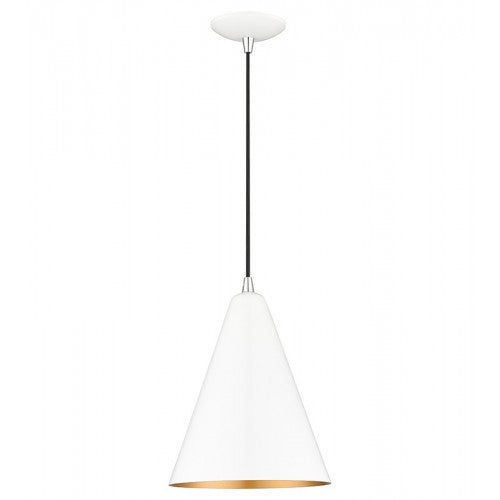 1 Light Shiny White Cone Pendant with Polished Chrome Accents Pendant Livex