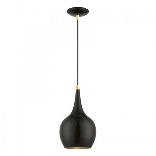 1 Light Shiny Black with Polished Brass Accents Mini Pendant Pendant Livex