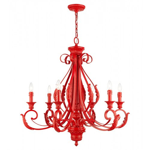 6 Light Shiny Red Large Chandelier Chandelier Livex