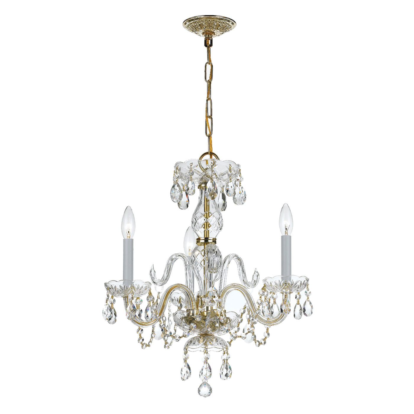 Traditional Crystal 3 Light Clear Italian Crystal Polished Brass Mini Chandelier Chandelier Crystorama