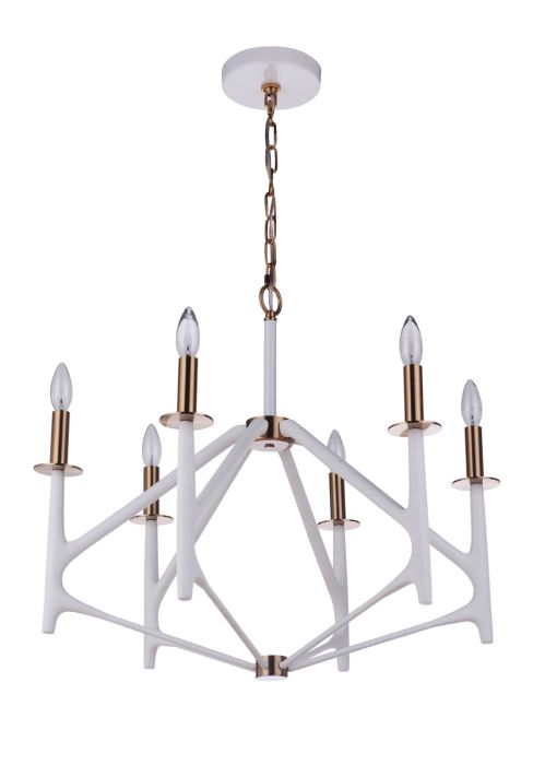 The Reserve 6 Light Chandelier in Matte White/Satin Brass Chandelier Craftmade