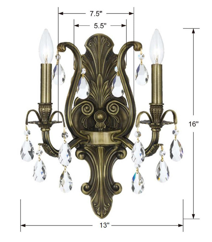 Dawson 2 Light Hand Cut Crystal Antique Brass Sconce Wall Sconce Crystorama