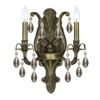 Dawson 2 Light Golden Teak Hand Cut Crystal Antique Brass Sconce Wall Sconce Crystorama