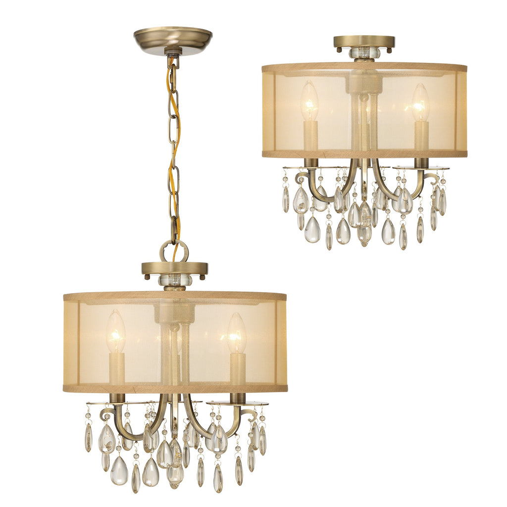 Hampton 3 Light Antique Brass Etruscan Crystal Drum Shade Mini Chandelier Chandelier Crystorama