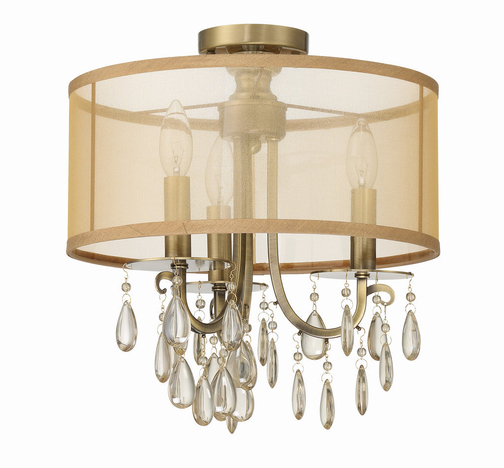 Hampton 3 Light Antique Brass Etruscan Crystal Drum Shade Semi Flush Mount Semi Flush Crystorama