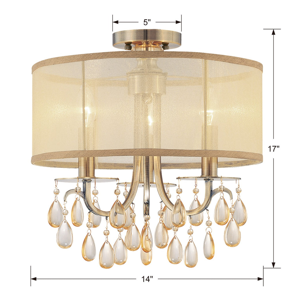 Hampton 3 Light Antique Brass Etruscan Crystal Drum Shade Semi Flush Mount Semi Flush Crystorama