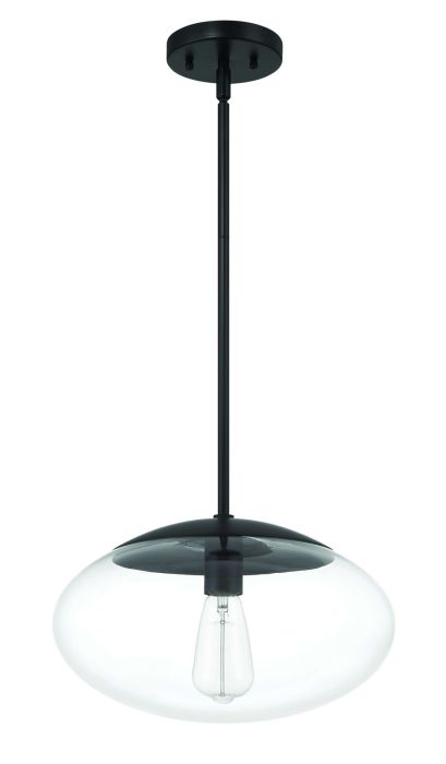 Gaze 14" 1 Light Oval Pendant in Flat Black, White Glass Pendant Craftmade