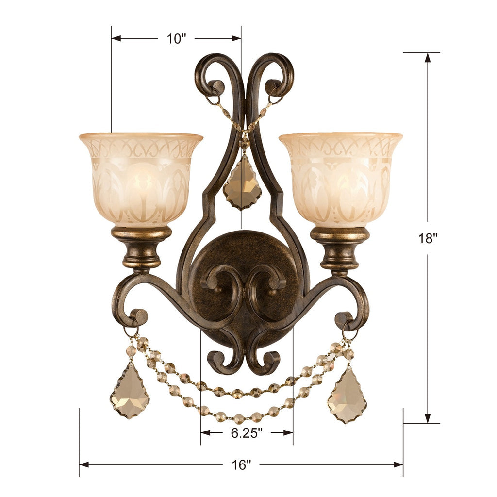 Norwalk 2 Light Golden Teak Hand Cut Crystal Bronze Umber Sconce Wall Sconce Crystorama