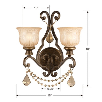 Norwalk 2 Light Golden Teak Hand Cut Crystal Bronze Umber Sconce Wall Sconce Crystorama