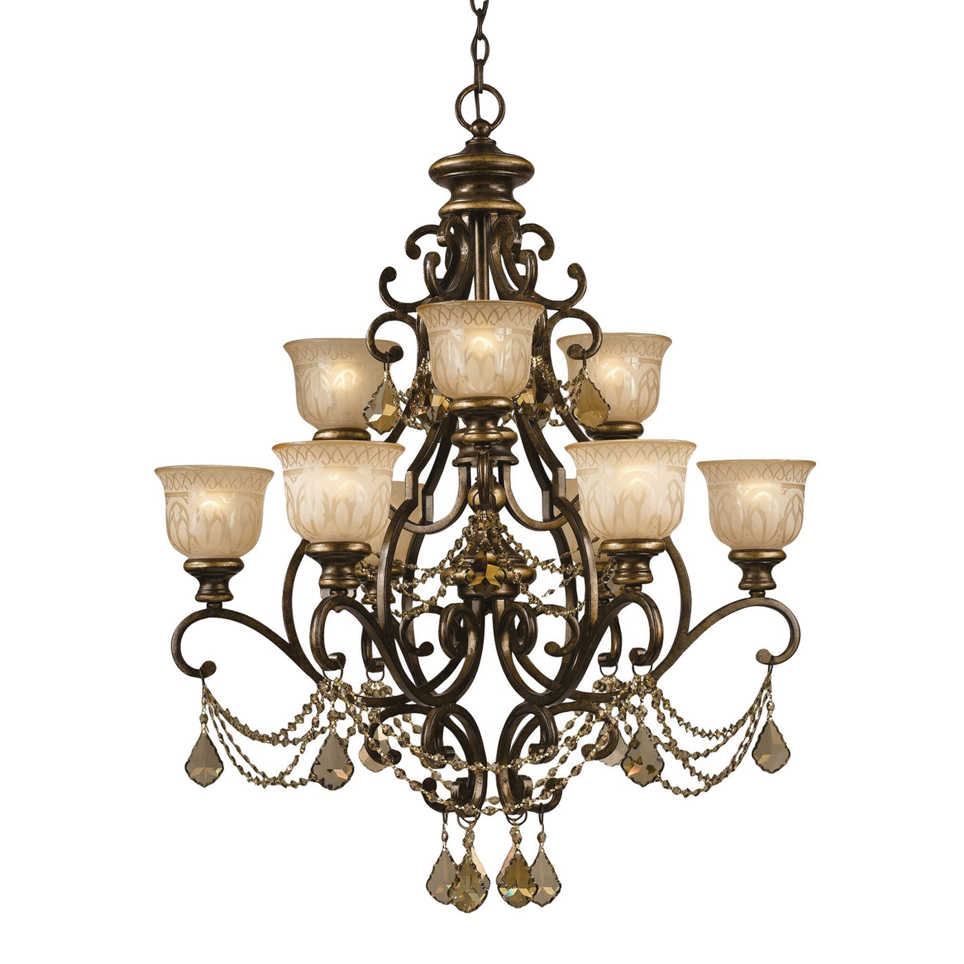 Norwalk 9 Light Golden Teak Hand Cut Crystal Bronze Umber Chandelier Chandelier Crystorama