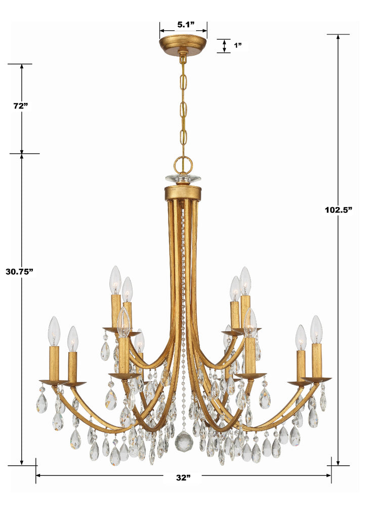 Bridgehampton 12 Light Hand Cut Crystal Antique Gold Chandelier Chandelier Crystorama