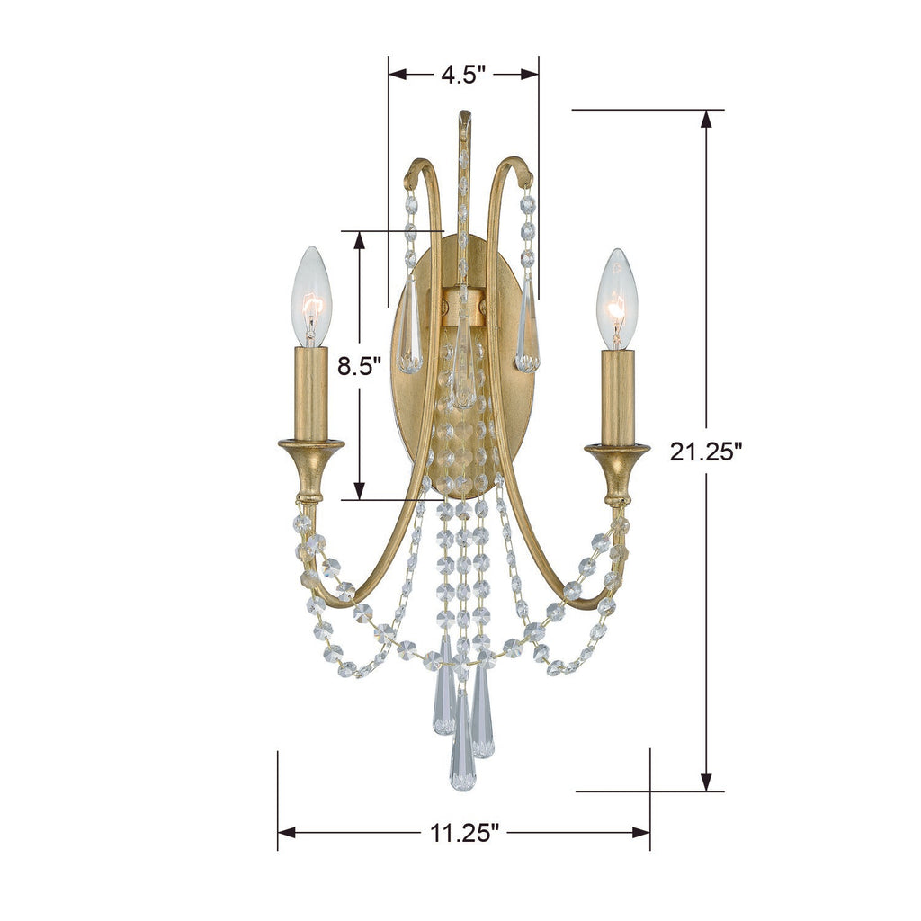 Arcadia 2 Light Antique Gold Sconce Wall Sconce Crystorama