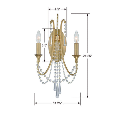 Arcadia 2 Light Antique Gold Sconce Wall Sconce Crystorama