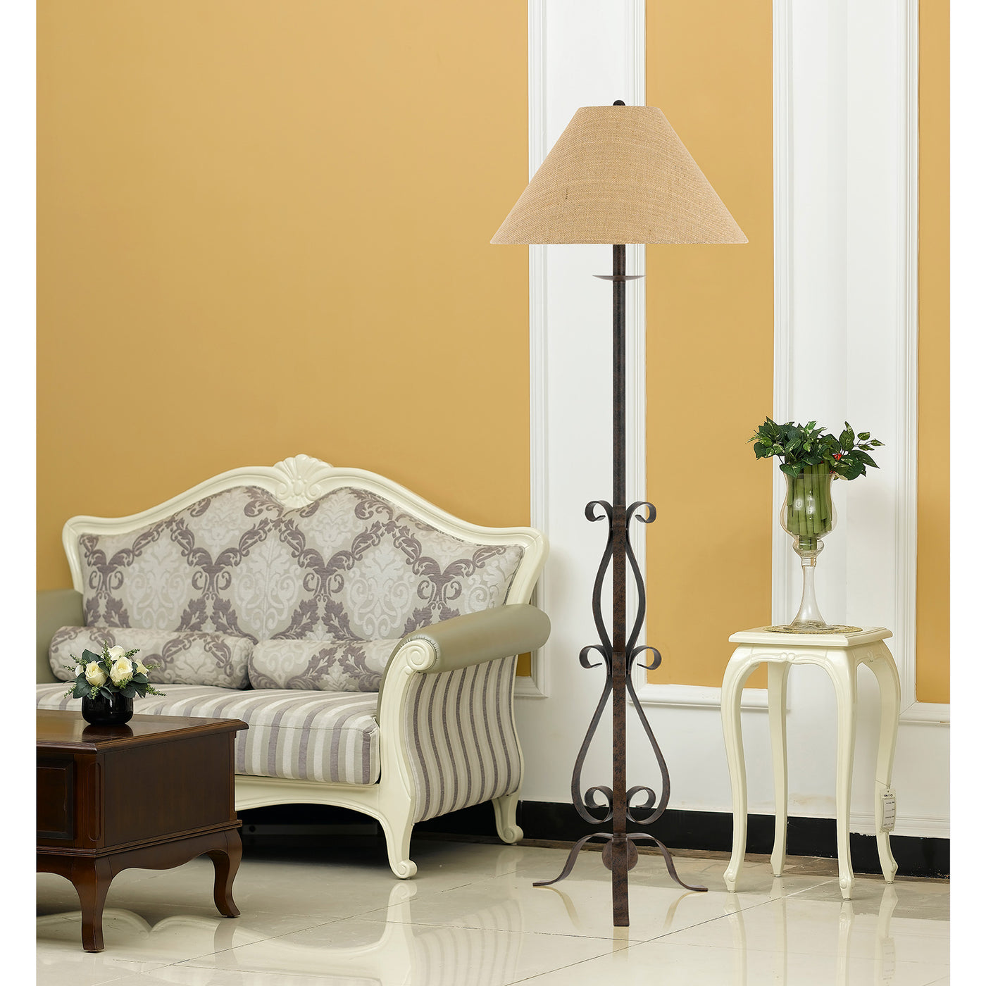 150W 3 WAY EKALAKA WROUGH IRON FLOOR LAMP WITH BURLAP SHADE