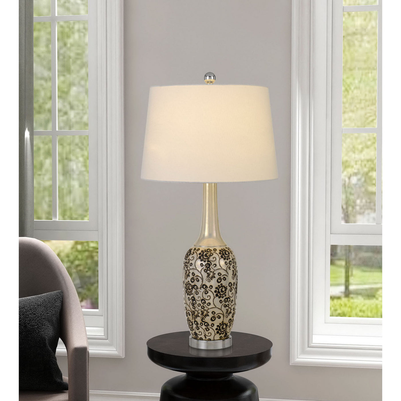 150W PAXTON CERAMIC TABLE LAMP WITH LEAF DESIGN AND TAPER DRUM HARDBACK FABRIC SHADE (PRICED AND SOLD AS PAIRS)