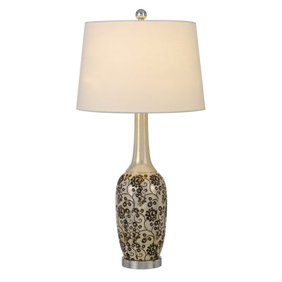 150W PAXTON CERAMIC TABLE LAMP WITH LEAF DESIGN AND TAPER DRUM HARDBACK FABRIC SHADE (PRICED AND SOLD AS PAIRS)