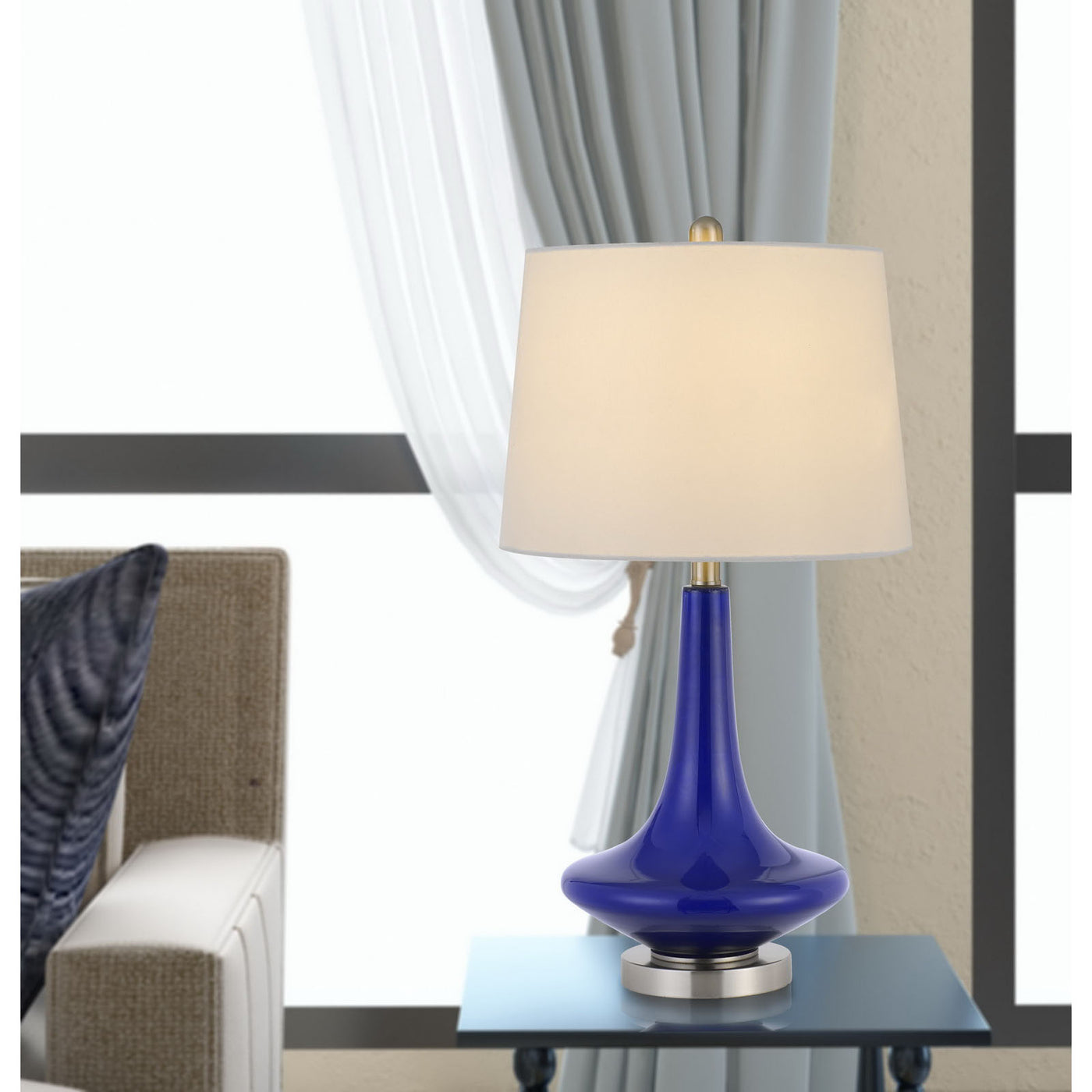 100W KLEVE GLASS TABLE LAMP WITH TAPER DRUM HARDBACK LINEN SHADE (PRICED AND SOLD AS PAIRS)