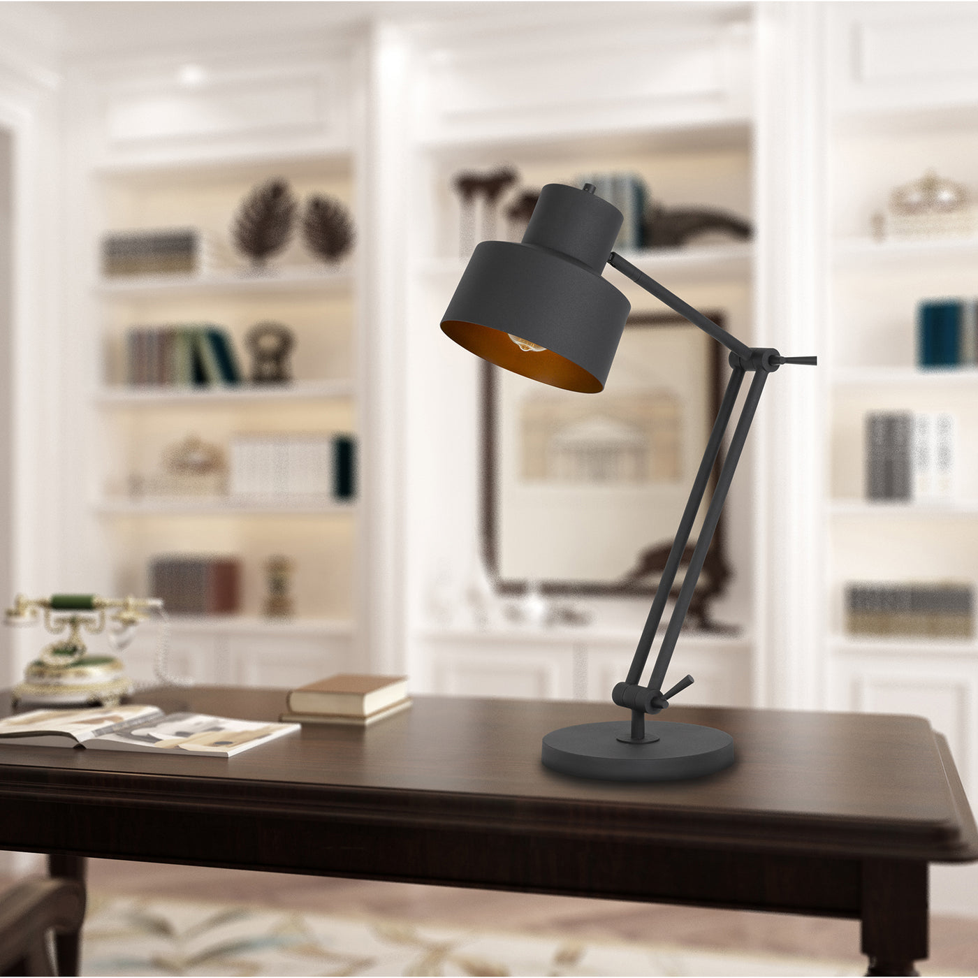 60W DAVIDSON METAL DESK LAMP WITH WEIGHTED BASE, ADJUSTABLE UPPER AND LOWER ARMS. ON OFF SOCKET SWITCH