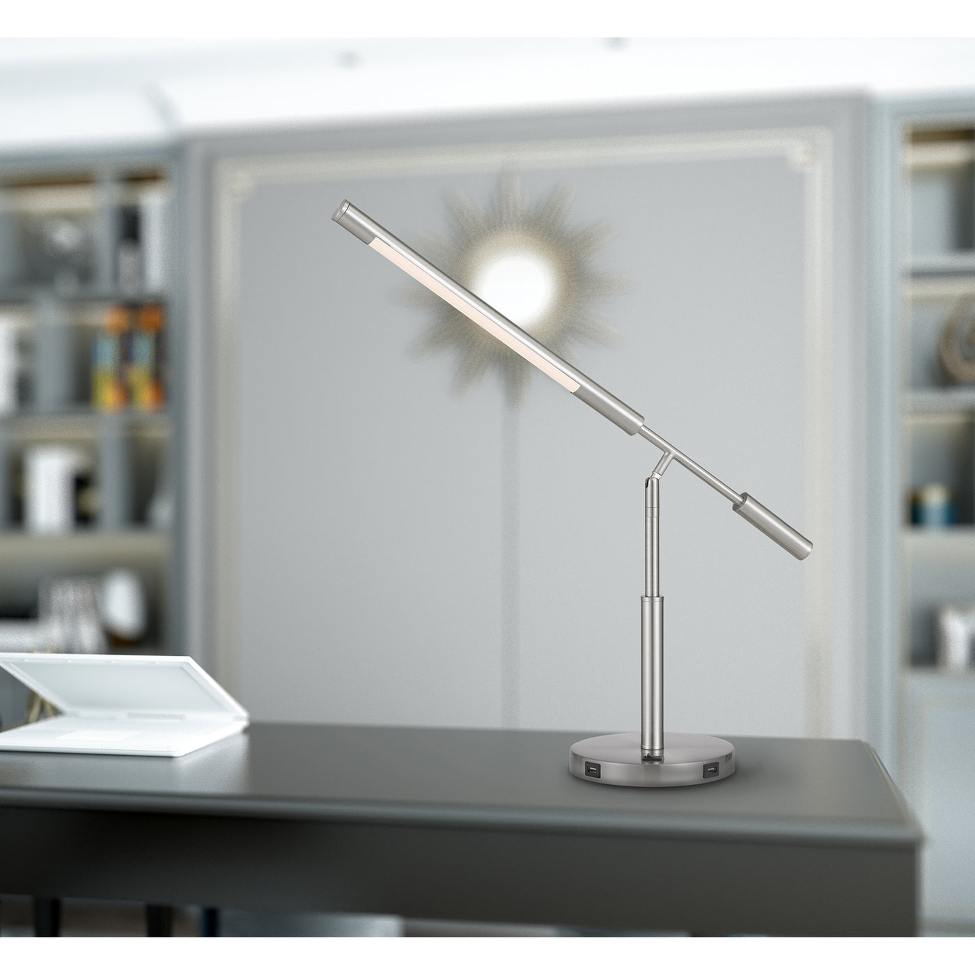 AURAY INTEGRATED LED DESK LAMP WITH 2 USB CHARING PORTS. 780 LUMEN, 3000K, ON OFF ROCKER SWITCH AT BASE.