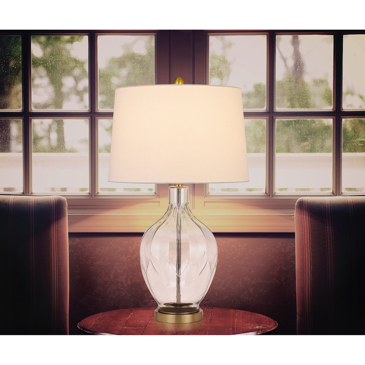 150W 3 WAY BANCROFT GLASS TABLE LAMP WITH HARDBACK TAPER DRUM FABRIC SHADE