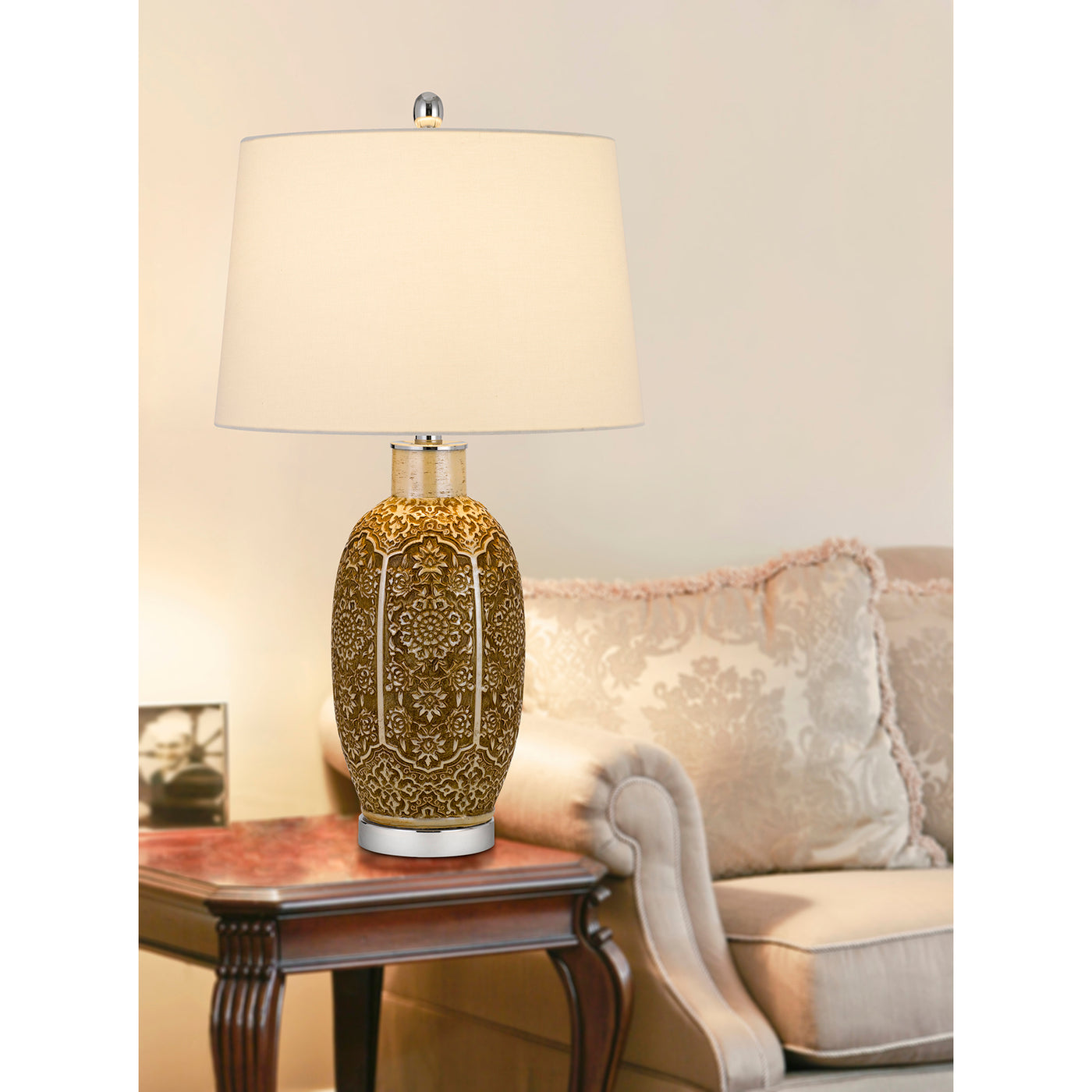 150W 3 WAY OLIVE CERAMIC TABLE LAMP WITH HARDBACK TAPER FABRIC DRUM SHADE