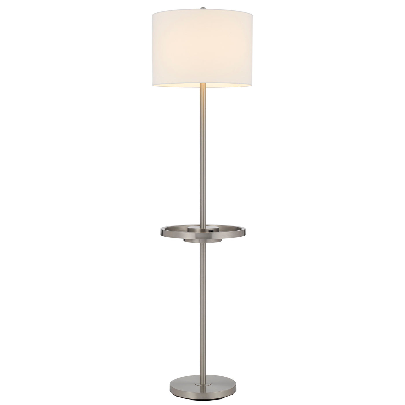 CROFTON METAL FLOOR LAMP WITH METAL TRAY TABLE AND 2 USB CHARGING PORTS AND A WEIGHT BASE.