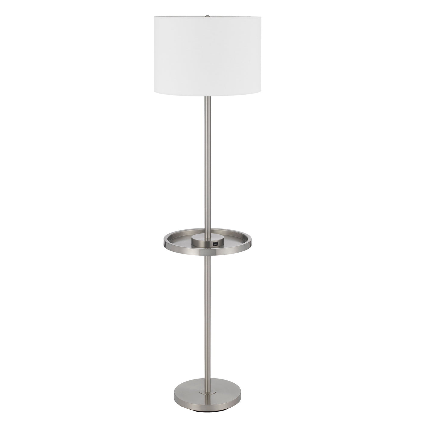 CROFTON METAL FLOOR LAMP WITH METAL TRAY TABLE AND 2 USB CHARGING PORTS AND A WEIGHT BASE.