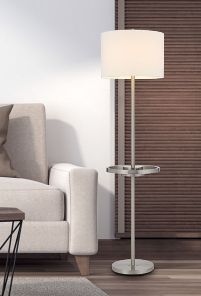 CROFTON METAL FLOOR LAMP WITH METAL TRAY TABLE AND 2 USB CHARGING PORTS AND A WEIGHT BASE.