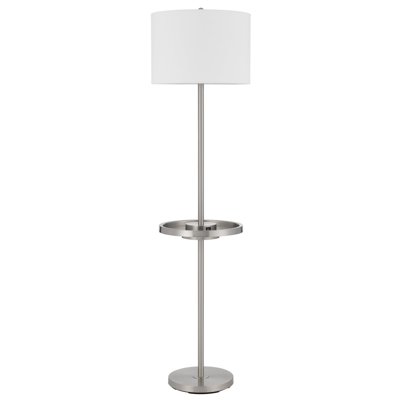 Crofton metal floor lamp with metal tray table and 2 USB charging ports and a weight base.